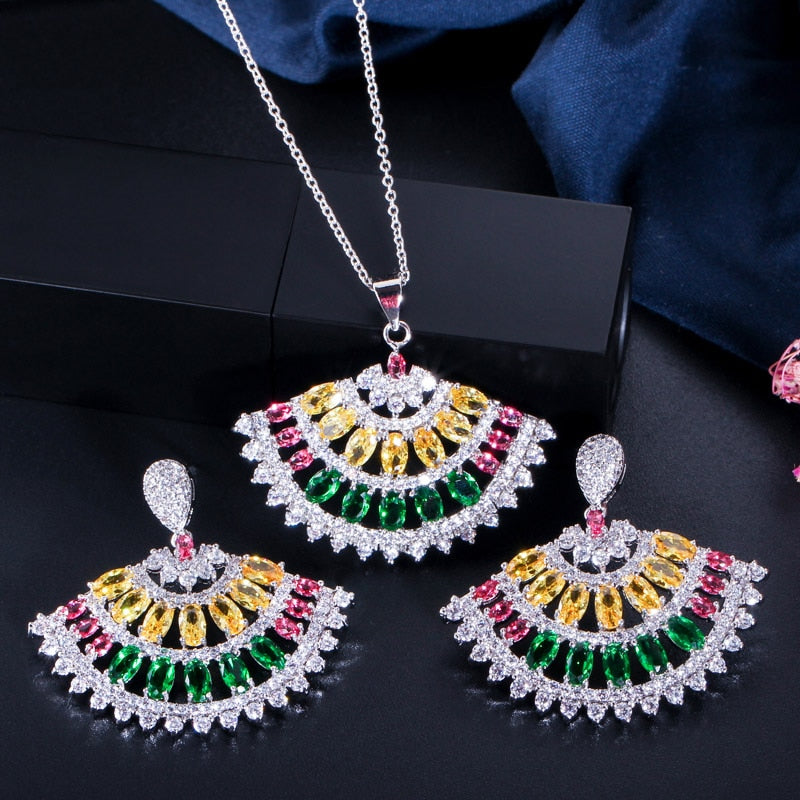 CWWZircons Multi Yellow Green Color Cubic Zirconia Crystal Elegant Spike Fan Necklace and Earrings Women Brand Jewelry Sets T340