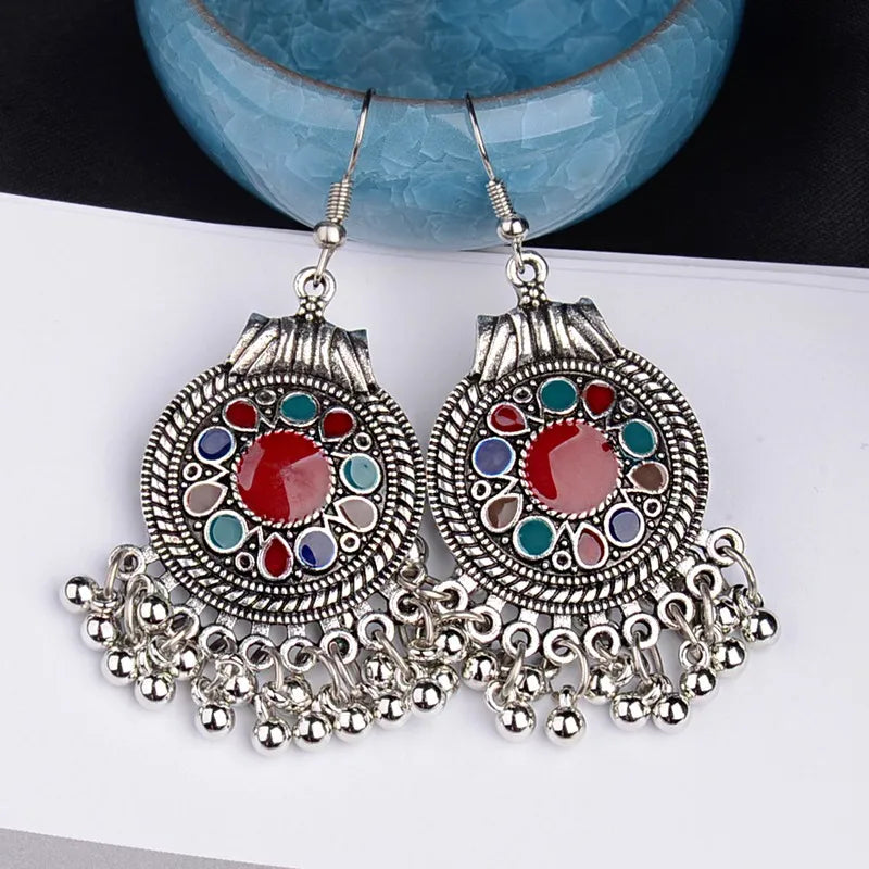 TopHanqi Indian Earring For Women Antique Ethnic Silver Color Small Bells WaterdropTassel Earrings Turkish Tribal Gypsy Jewelry