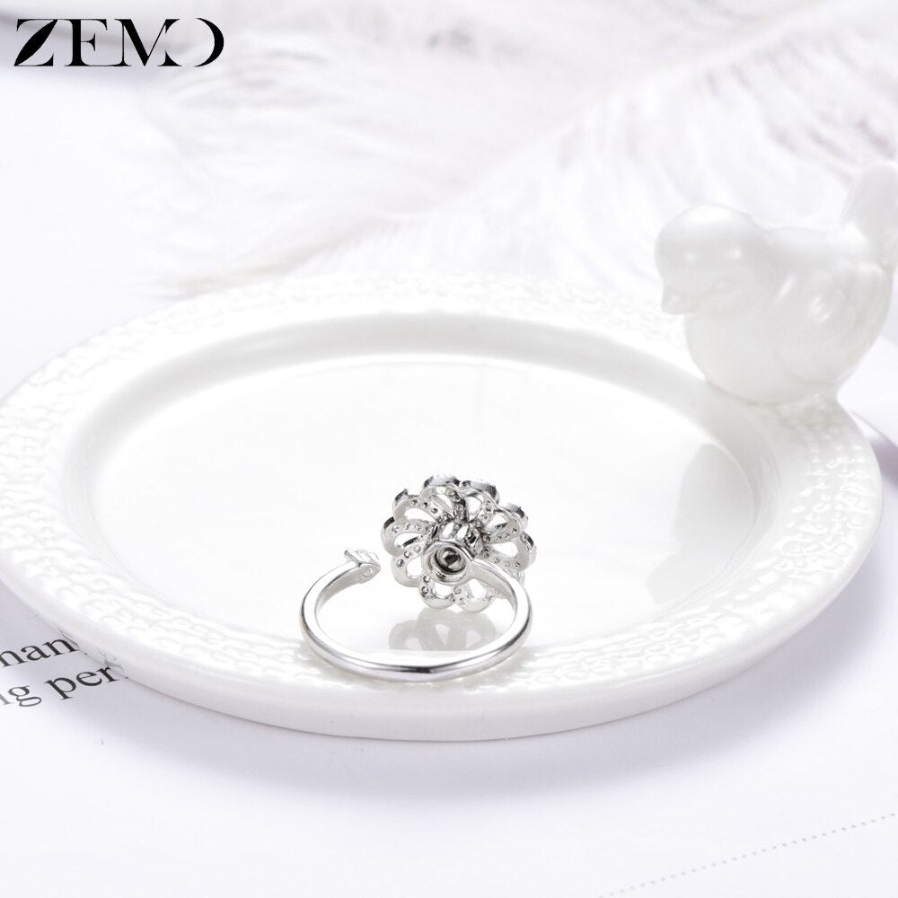 ZEMO Flower Rotate Rings for Women Crystal Rotating Finger Rings Adjustable Rose Gold Wedding Rings for Women Resizeable Anillos