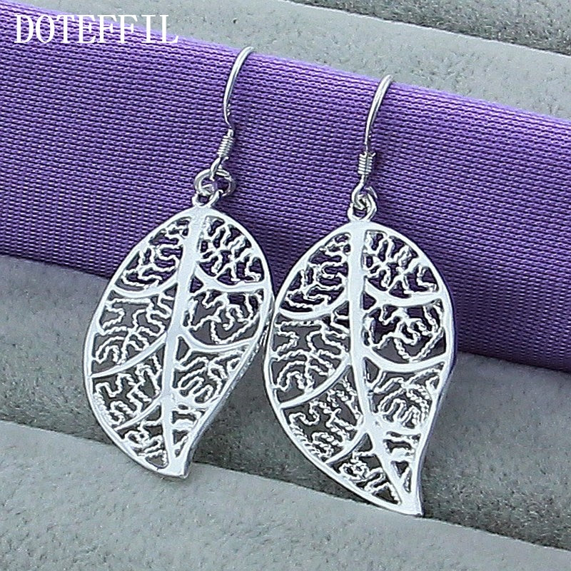 DOTEFFIL 925 Sterling Silver Leaves Drop Earrings For Woman Wedding Engagement Fashion Party Charm Jewelry