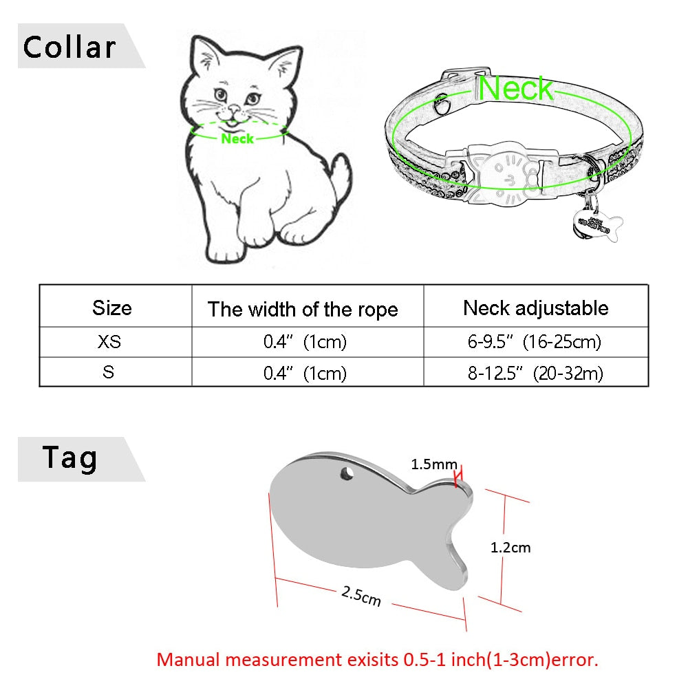 Kitten Cat Name Collar Quick Release Pet Cat Safety Collars With Bell Personalized Fish ID Tag Bling Rhinestone Cats Necklace
