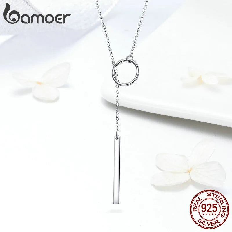 BAMOER Genuine 925 Sterling Silver Round Circle Line Geometric Pendant Necklaces for Women Sterling Silver Jewelry SCN304