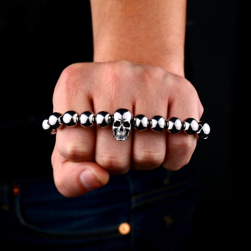 BEIER Steampunk Metal Skull Bracelets Elastic Steel Beads Chain Skeleton Men Bracelets Sets Male Hand Accessories gift HSS006
