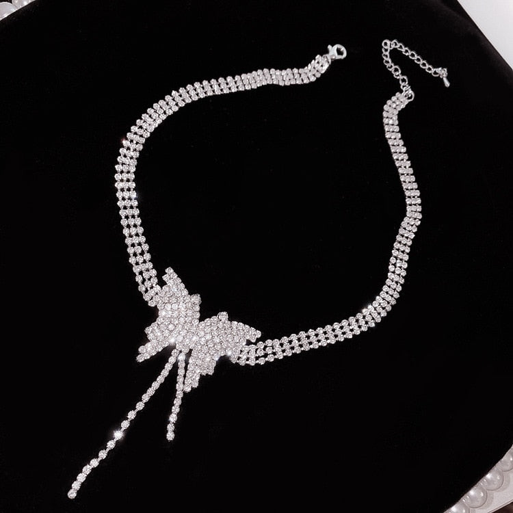 FYUAN Butterfly Crystal Choker Necklaces for Women Long Tassel Rhinestone Necklaces Weddings Jewelry Party Gifts