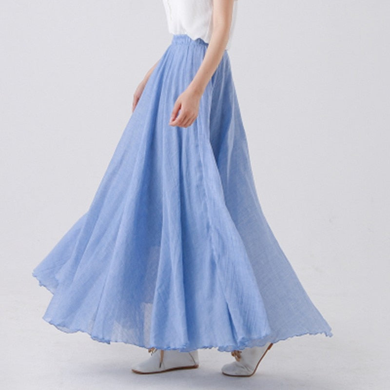 High Quality Cotton Linen Maxi Skirt Womens Casual Elastic High Waist Pleated A-Line Beach Skirts Boho Saia Feminina Faldas Jupe