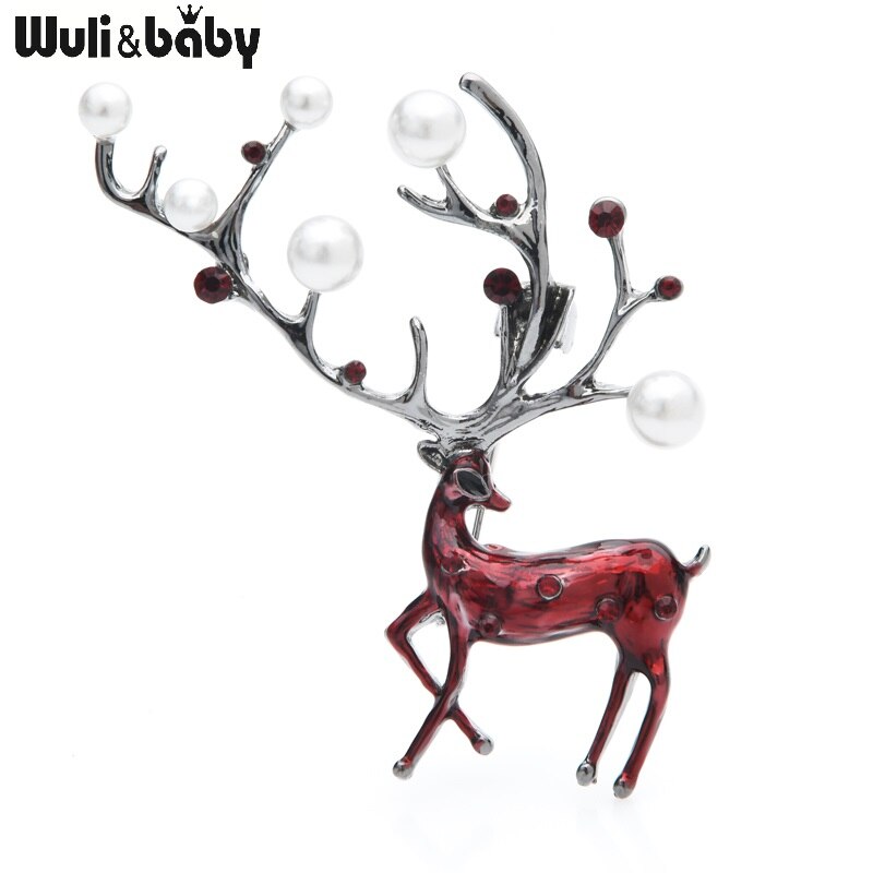 Wuli&amp;baby Red Brown Enamel Deer Brooches Women Alloy Pearl Elk Animal Brooch Pins Gifts