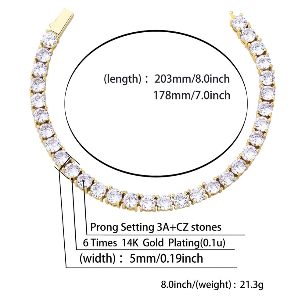 TOPGRILLZ 3MM-6MM Spring Buckle Tennis Chain Iced Out Cubic Zirconia 1 Row Tennis Chain Bracelet Men And Women Hip Hop Jewelry