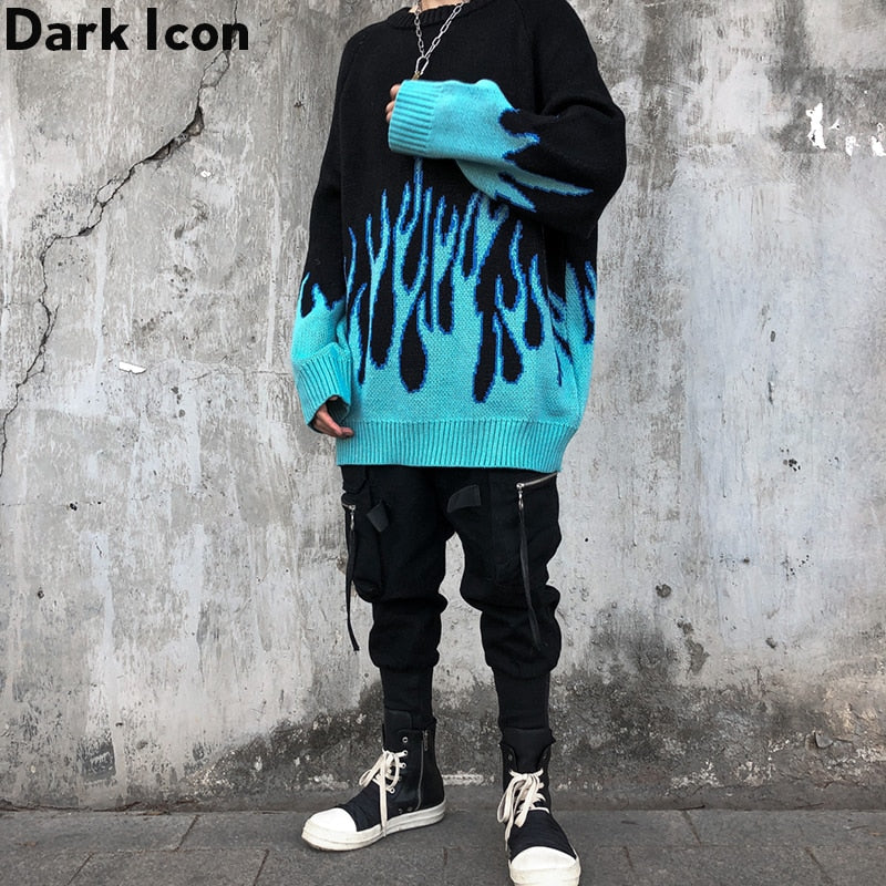 DARK ICON Blue Flame Sweater Me 2019 Winter Streetwear Men&#39;s Sweaters Pullover Knitwear Sweater for Men