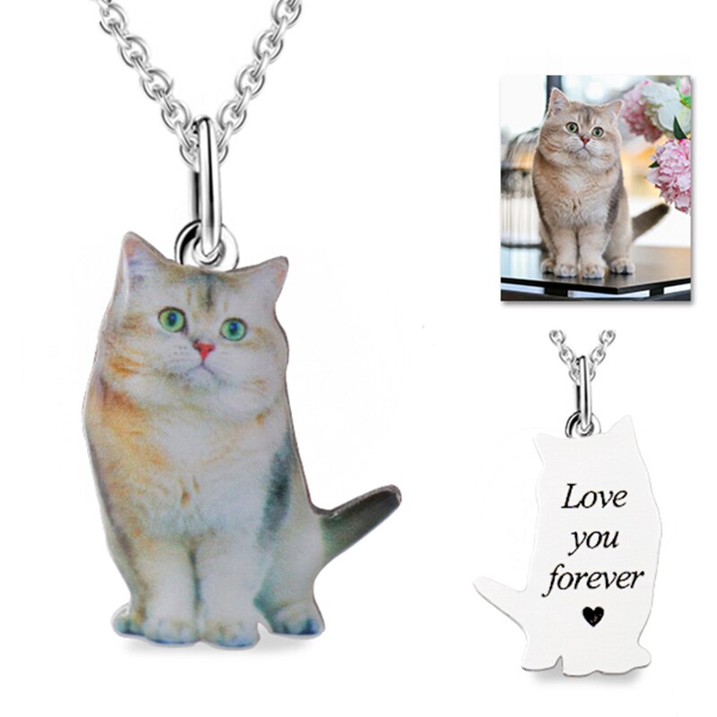 Personalized Pet Photo Name Necklace jewelry. A Unique Memorial animal Lovers. Ensure your pet's safety by helping maintain their identification. 925 Sterling Silver/Gold Custom Pet Photo name contact engraved words Pendant/keychain for Cat & Dog Lovers.