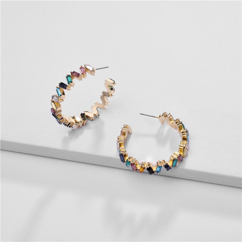 Fashion Ear Jewelry Rainbow Colorful Crystal Earring ZigZag Big Hoop Earrings for Women