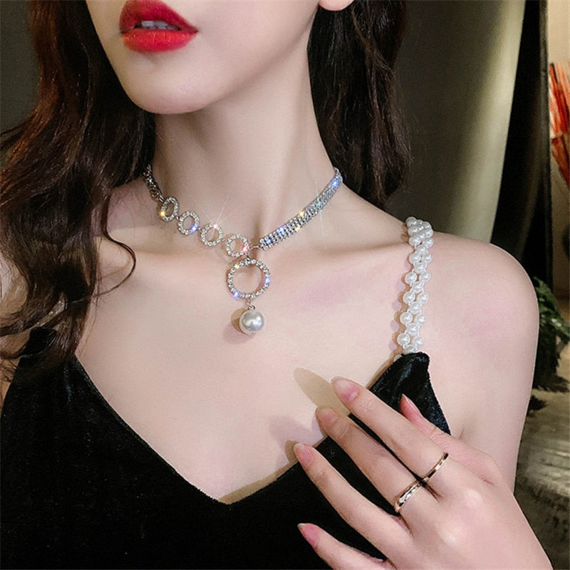 FYUAN Geometric Circle Rhinestone Choker Necklaces for Women Clavicle Chain Pearl Pendant Necklaces Weddings Jewelry Party Gifts