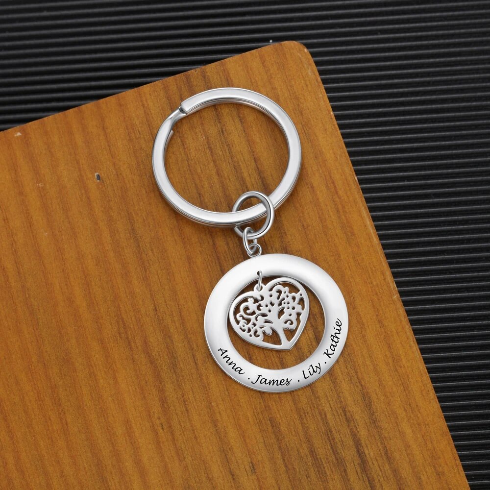 JewelOra Personalized Stainless Steel Tree of Life Engrave Name Key Chain Customize Family Names Keychains for Men Women Jewelry