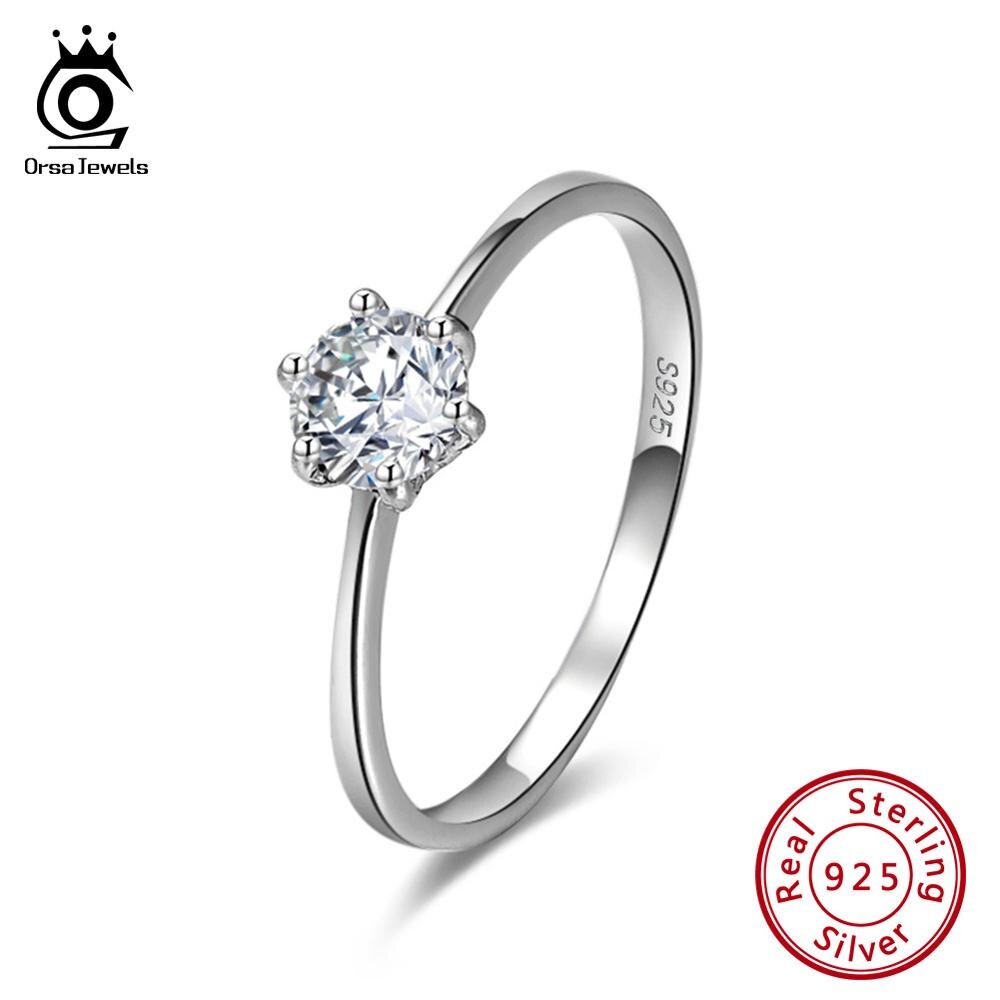 ORSA JEWELS Solid 925 Sterling Silver Women Wedding Solitaire Ring AAAA Round Cubic Zircon Fashion Finger Ring Jewelry SR116