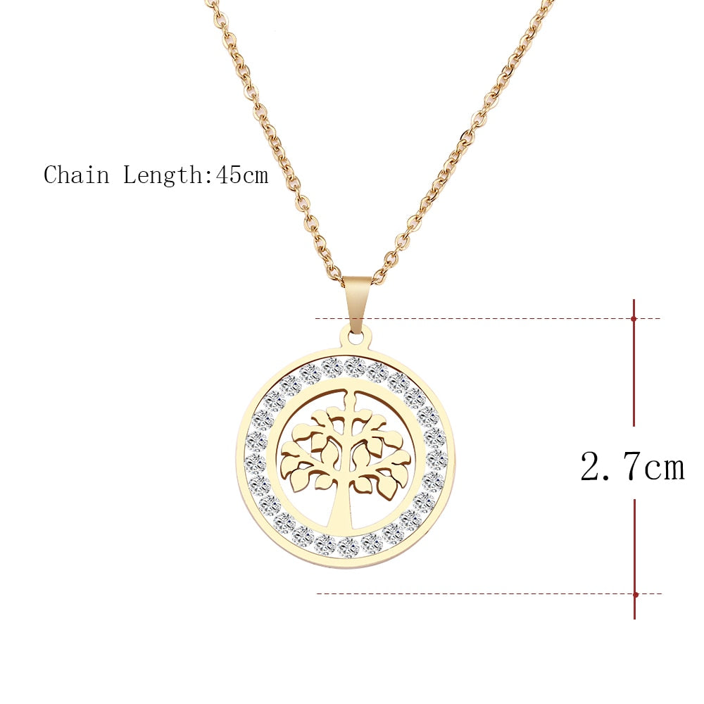 Cacana Stainless Steel Crystal Round Pendants Necklace Women Tree to Life Choker Jewelry Trendy  Necklaces Chain Valentine's Day