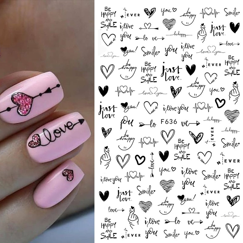 1PC Heart Love Design 3D Nail Sticker English Letter stickers Face Pattern Trasnfer Sliders Valentine&#39;s Day Nail Art Decoration