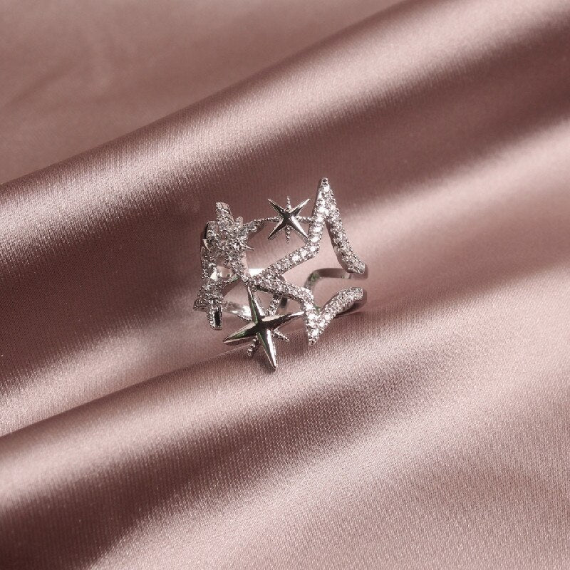 Korean new design fashion jewelry copper inlaid zircon light luxury opening hollow five-pointed star female party star prom ring