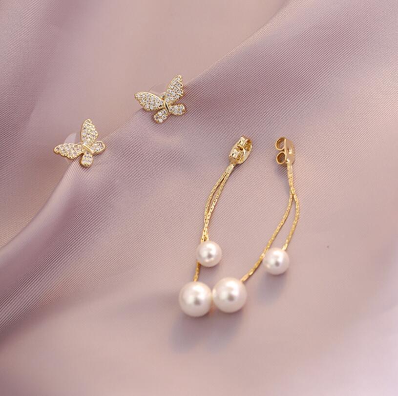 Korean  Fashion Jewelery Elegant Butterfly Long Pearl Crystal Earrings For Women Tassel Girl Earring Gift