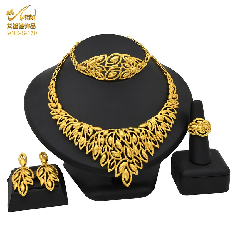 ANIID African Jewelry Set Big Necklace Dubai Ethiopian Gold Color Jewelery Earring Bracelet For Women Bridal Choker Wholesale