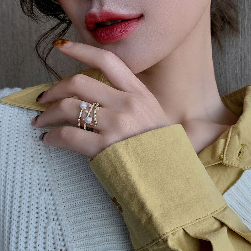 Luxurious and Exquisite Three-Layer Pearl Gold Color Adjustable Ring For Woman Jewelry Korean Fashion Girls Unusual Accessories