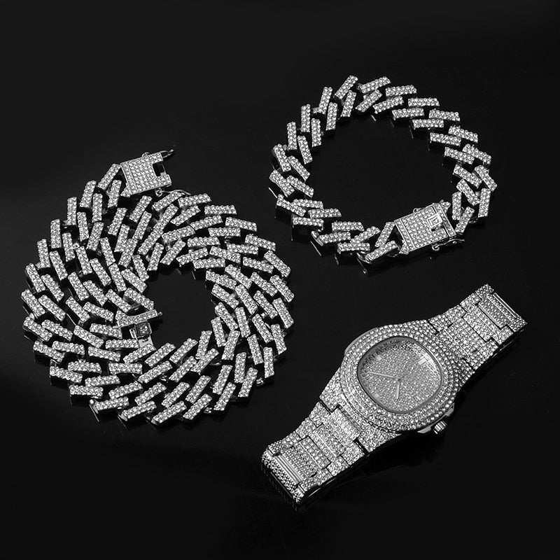 Hip Hop 15MM Necklace +Watch+Bracelet Bling Iced Out Miami Zircon Cuban Pave Rhinestone Men Bracelet Necklace For Men Jewelry