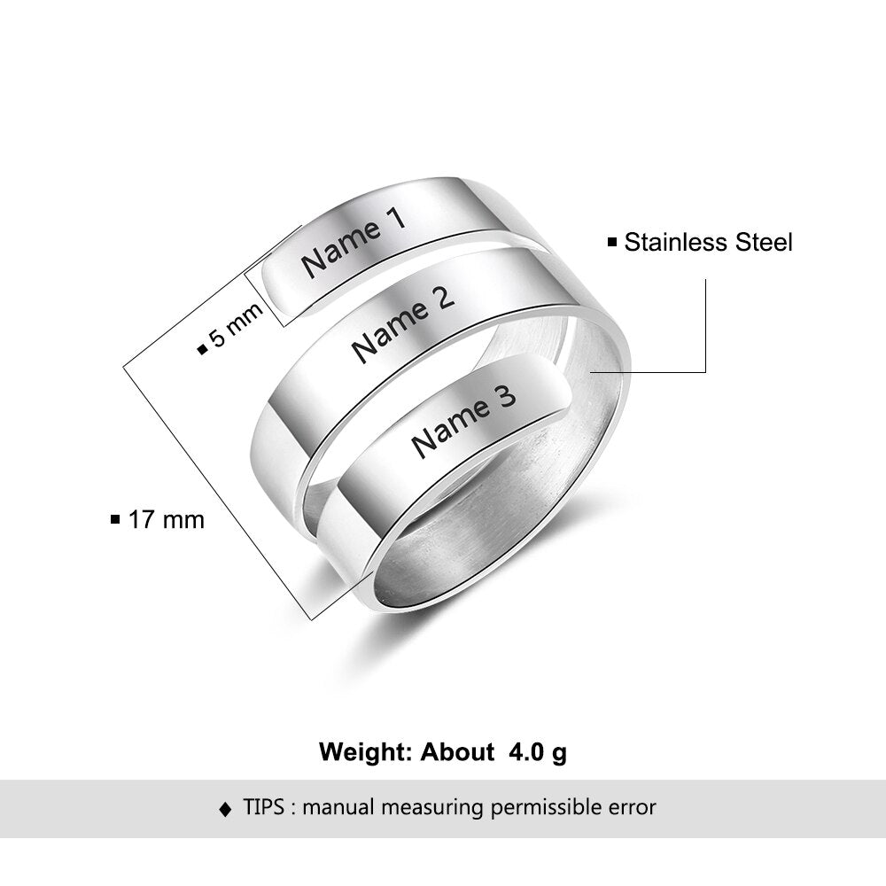 Personalized Gift Engraved 3 Names Ring Stainless Steel Adjustable Rings for Women Anniversary Jewelry (JewelOra RI103745)