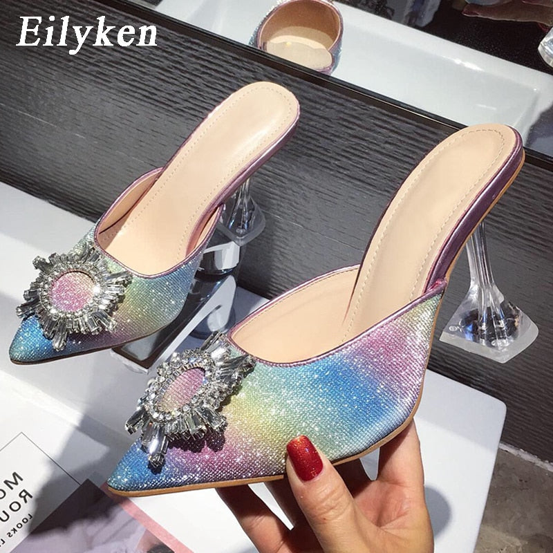 Eilyken Rhinestone Women Pumps Sandals Elegant Pointed Toe High Heels Shoes Bling Crystal Perspex Spike Heeled Mule shoes