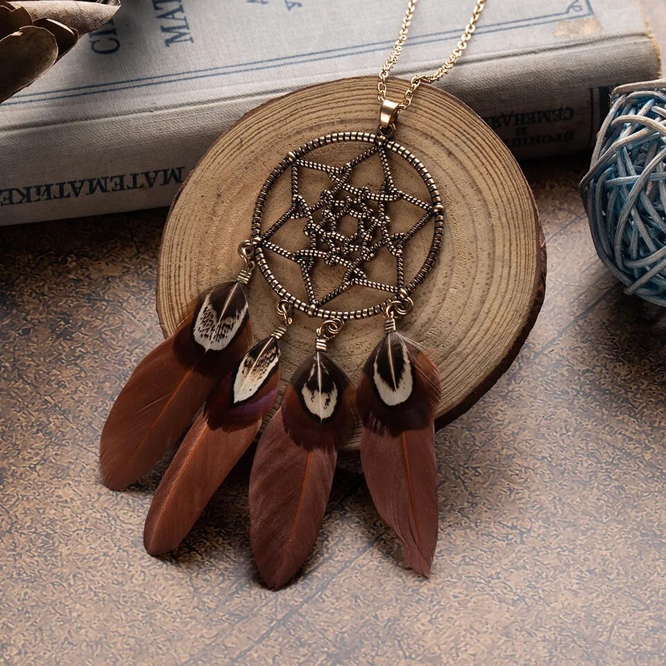 Long Leather Feather Chain Pendant Vintage Sweater Chain Necklace Choker for Women Boho in Jewelry Clothing Accessories Gifts