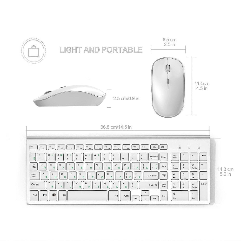 Russian version 2.4g wireless keyboard and mouse, ergonomics, portable full size, USB interface, high-end fashion silvery white