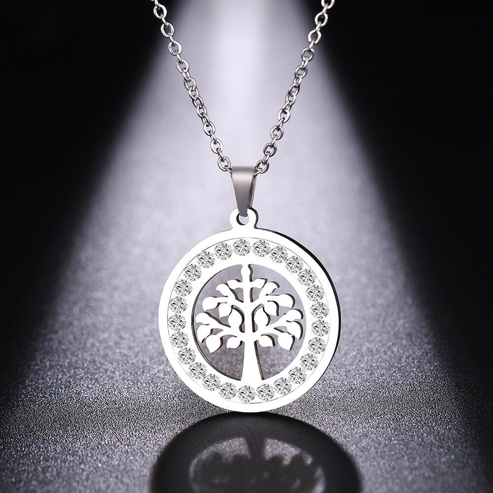 Cacana Stainless Steel Crystal Round Pendants Necklace Women Tree to Life Choker Jewelry Trendy  Necklaces Chain Valentine's Day
