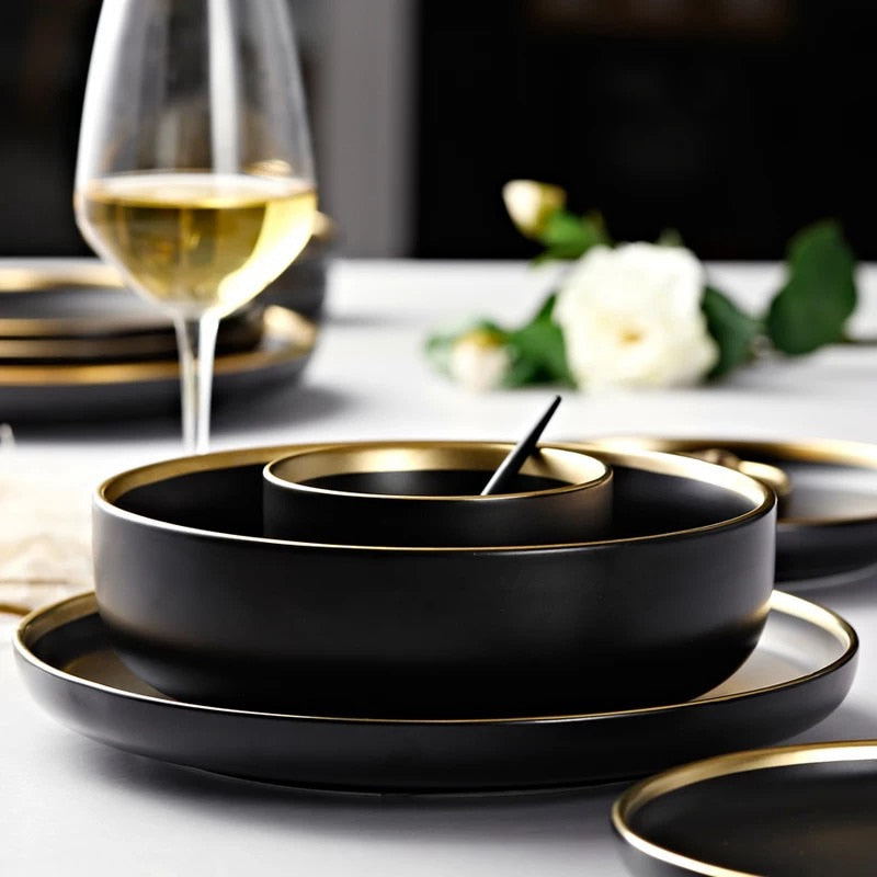 Black Tableware Set Ceramic Dinner Plate Dishes Plates and Bowls Set Food Plate Salad Soup Bowl Dinnerware Set for Restaurant