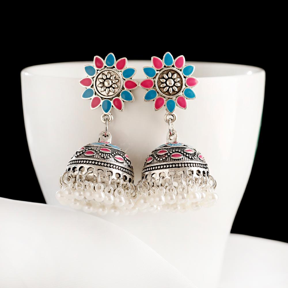 Ethnic Hollow Flower Turkish Jhumka Earrings For Women Vintage Indian Jewelry Silver Color Bell Tassel Dangling Earrings