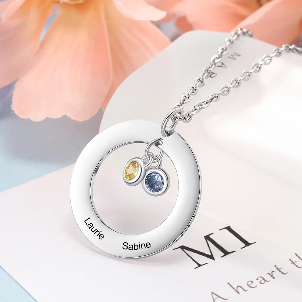 Personalized Stainless Steel Circle Necklace with 1-3 Birthstones Custom Name Engraved Round Pendant Necklace for Women /Mother