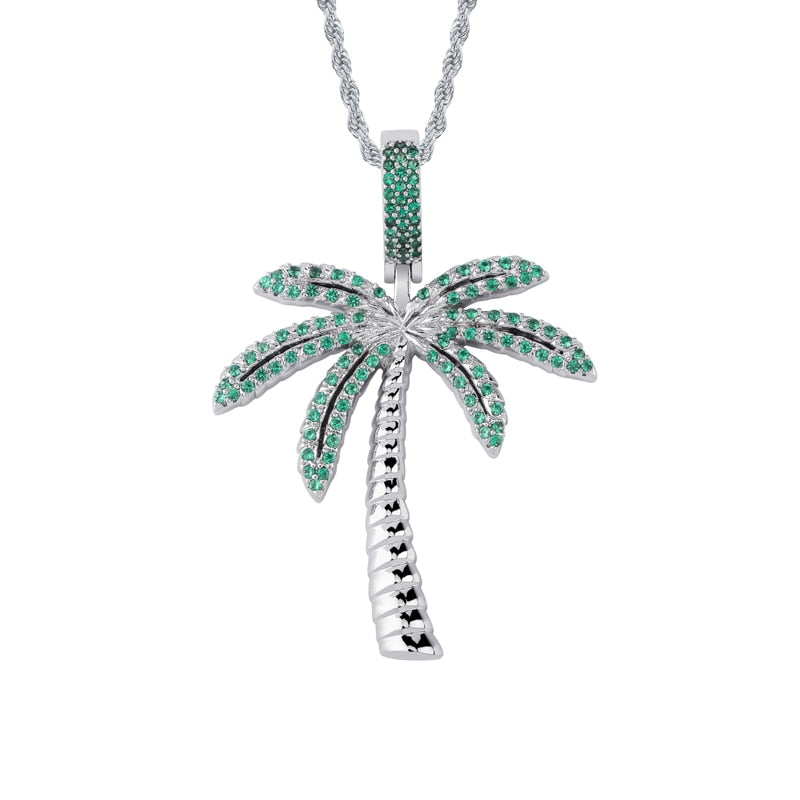 TOPGRILLZ Coconut Tree Iced Out Cubic Zircon Pendant&amp; Necklace Gold Silver Color Plated Hip Hop Men&#39;s Jewelry