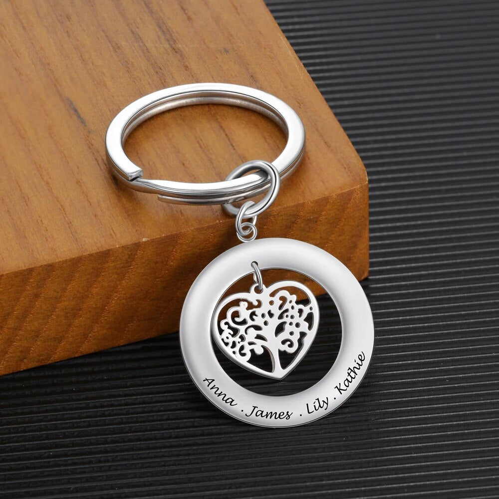 JewelOra Personalized Stainless Steel Tree of Life Engrave Name Key Chain Customize Family Names Keychains for Men Women Jewelry