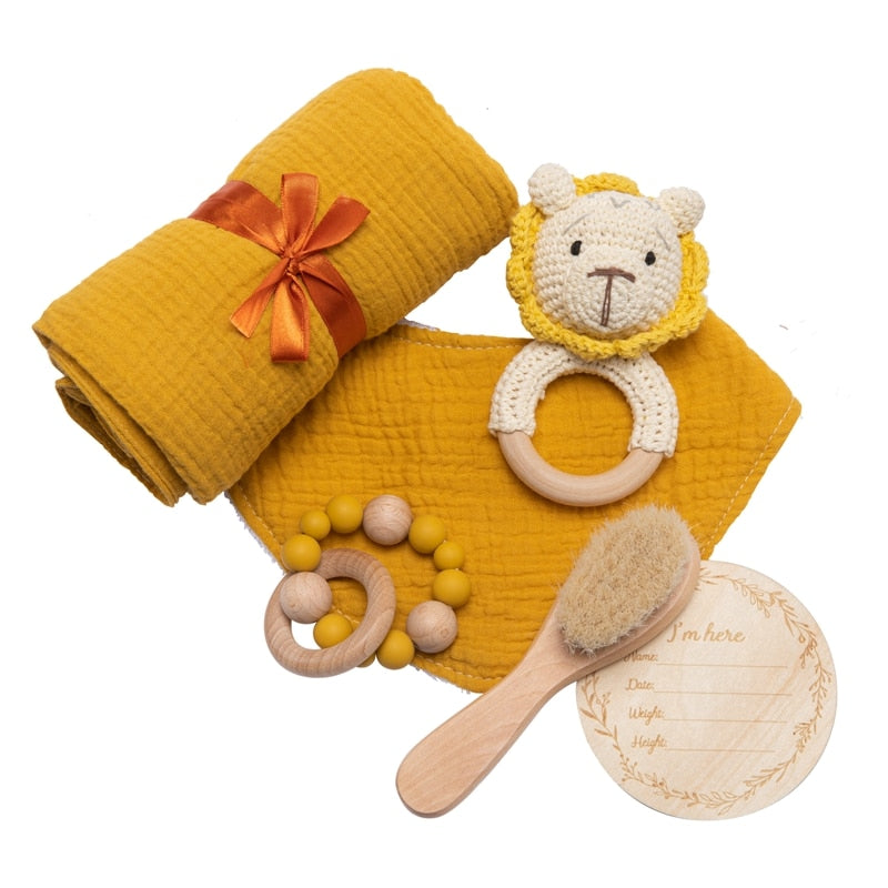 One Set Baby Bath Toy Set Baby Bath Towel Wooden Rattle Bracelet Crochet Rattles Toys Infant Bath Products Newborn Bed Bell