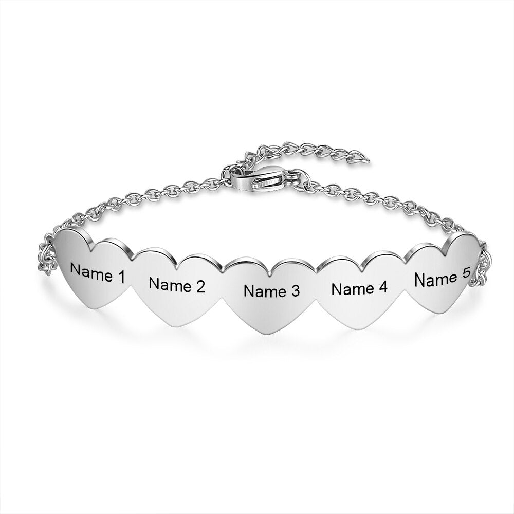 JewelOra Customized 2-5 Hearts Charm Bracelets  for Women Stainless Steel Personalized Engraved Bracelets Custom Jewelry Gifts