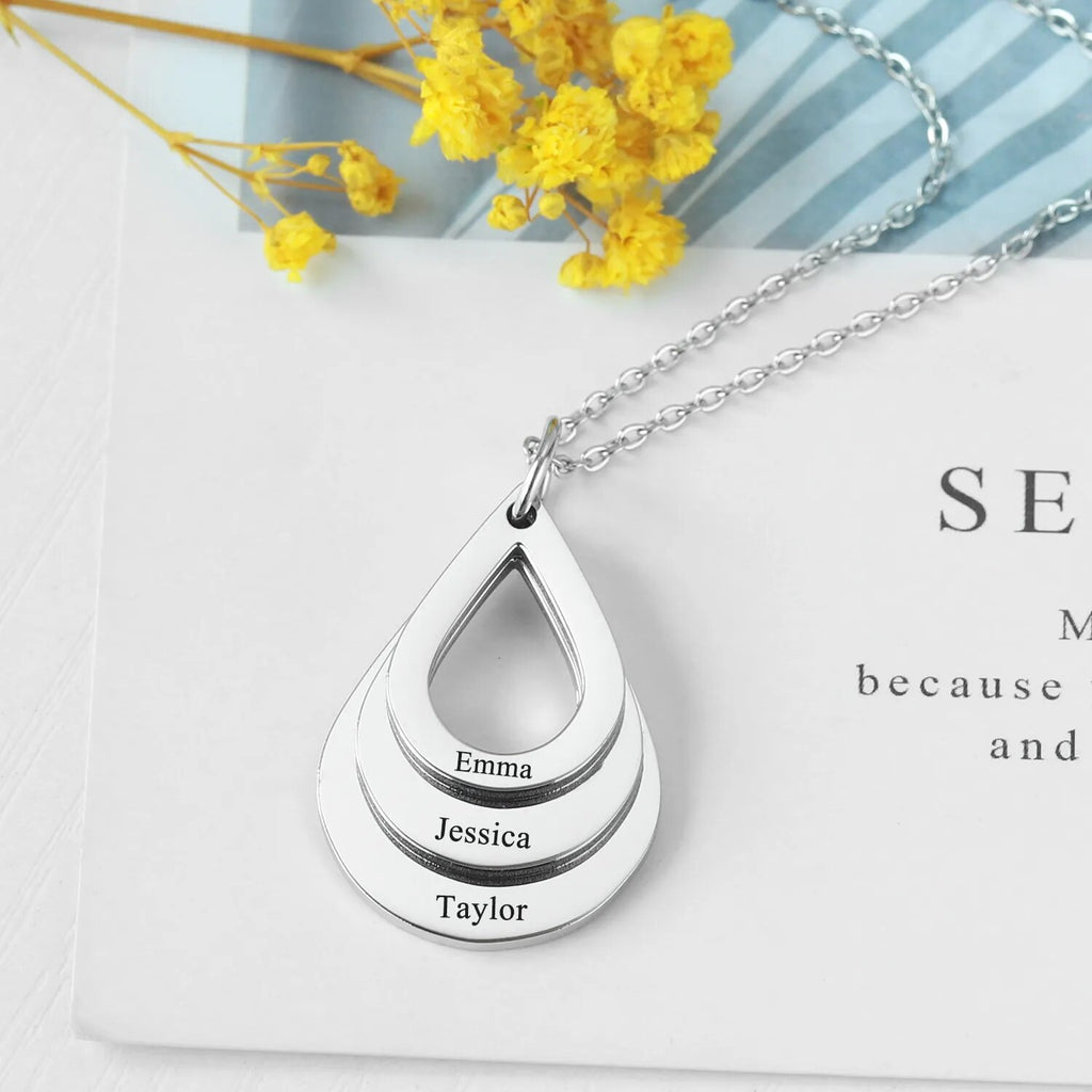 Personalized Name Necklaces Engraved 3 Names Necklace Water Drop Shape Charm Customized Stainless steel Jewelry Gifts For Women