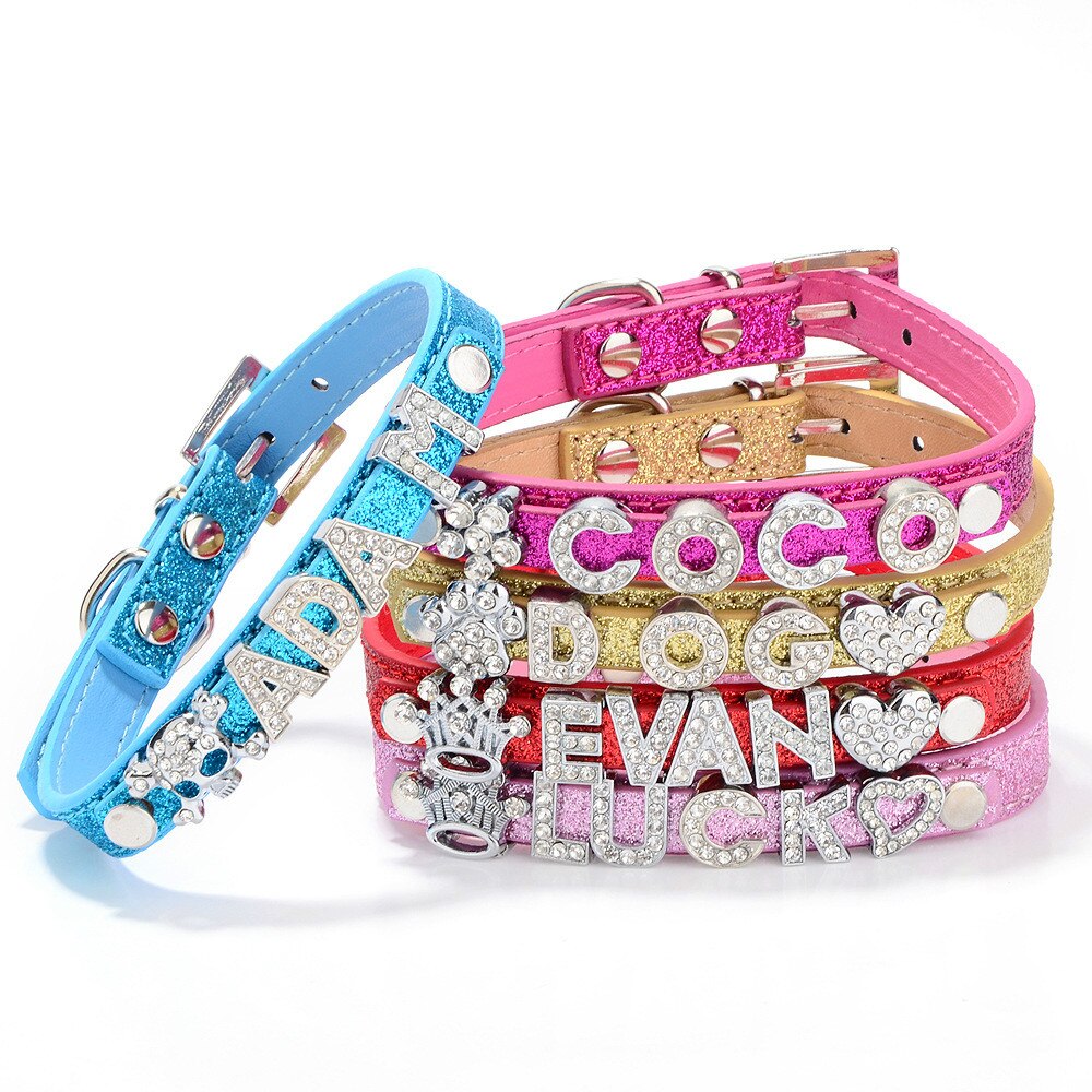 Personalized Dog Cat Collar Rhinestone Bling PU Leather Chihuahua Collar Custom Necklace Free Name Charms Pet Accessories