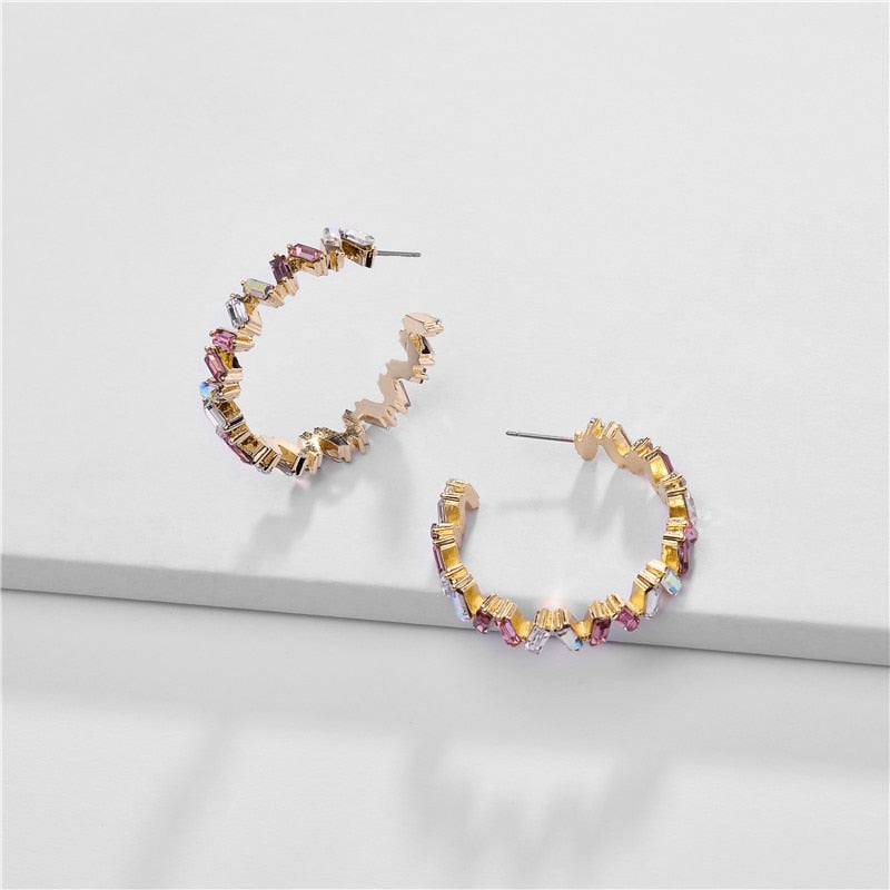 Fashion Ear Jewelry Rainbow Colorful Crystal Earring ZigZag Big Hoop Earrings for Women