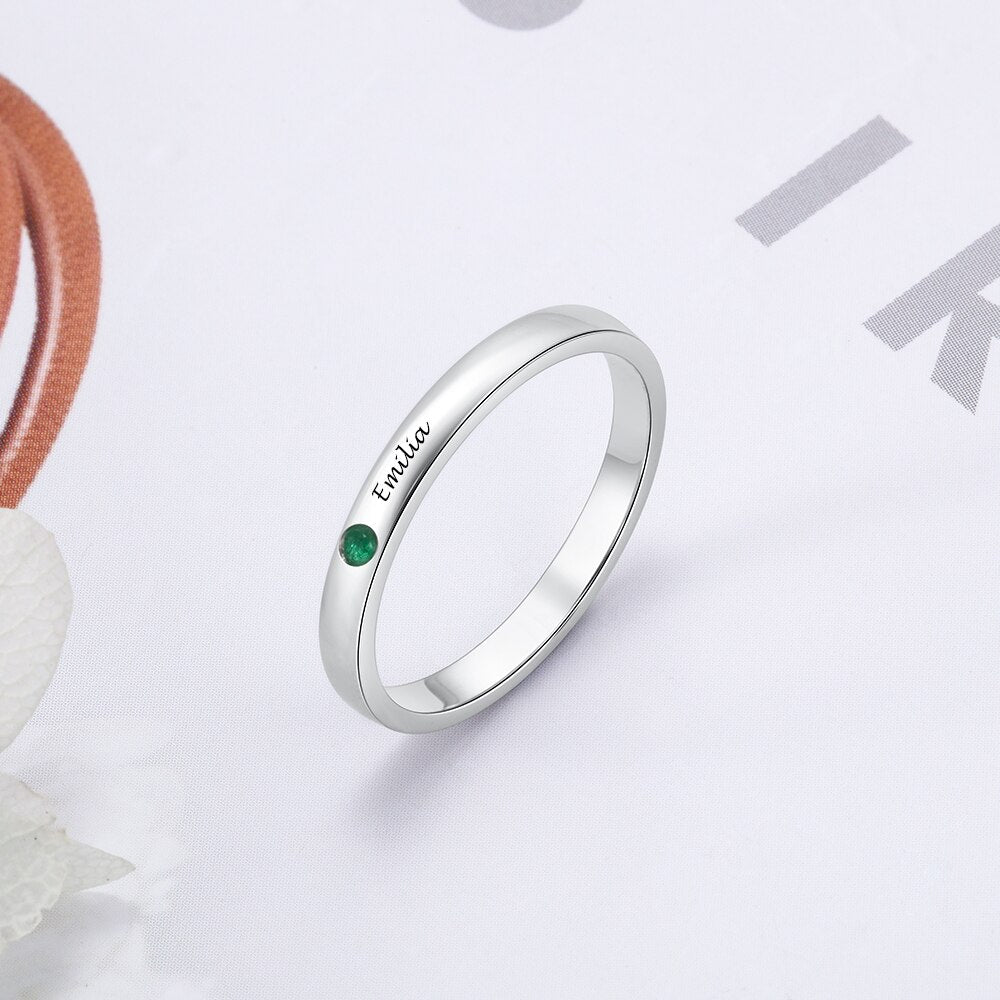 JewelOra Silver Color Personalized Name Ring with Birthstone Custom Engraved Rings for Women Fashion Jewelry Gifts for Mother