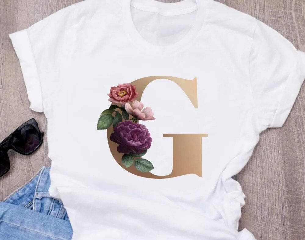 High-Quality Custom Personalized Name Letter (O) Combination T-Shirt for Women with Floral Alphabet Design in Short Sleeves.