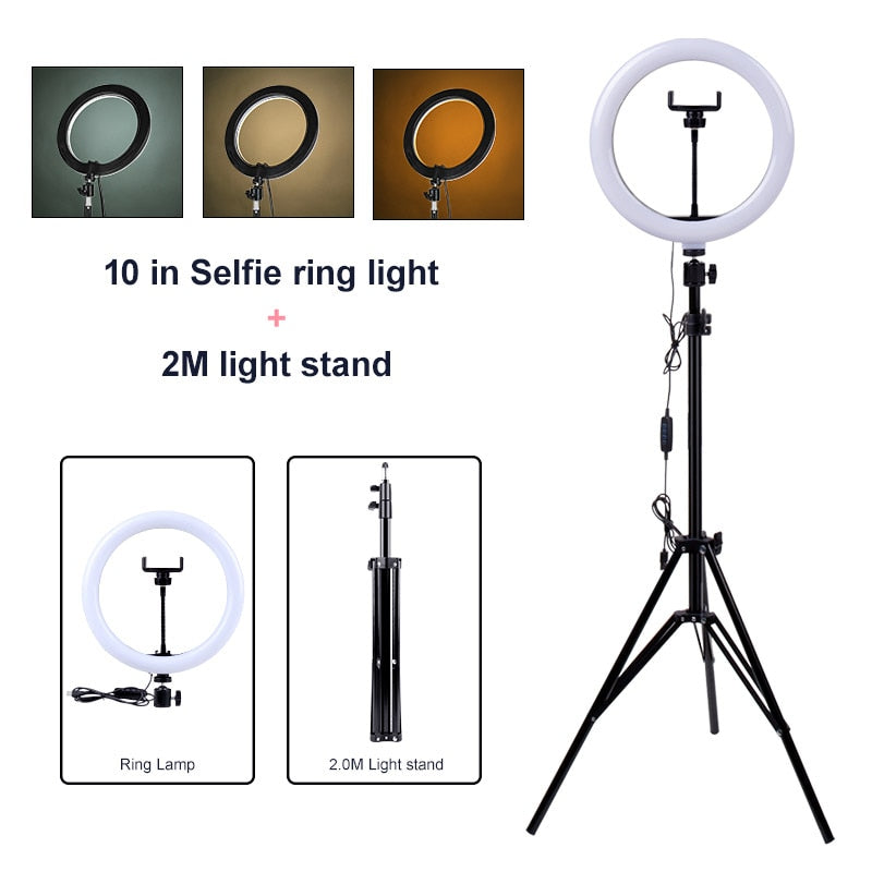 PYNSSEU 26cm LED Circle Round Light with 1.1/1.6/2.0M RGB lamp Stand Dimmable 10" Selfie Circle Round Lamp with Phone Clip for Youtube Makeup