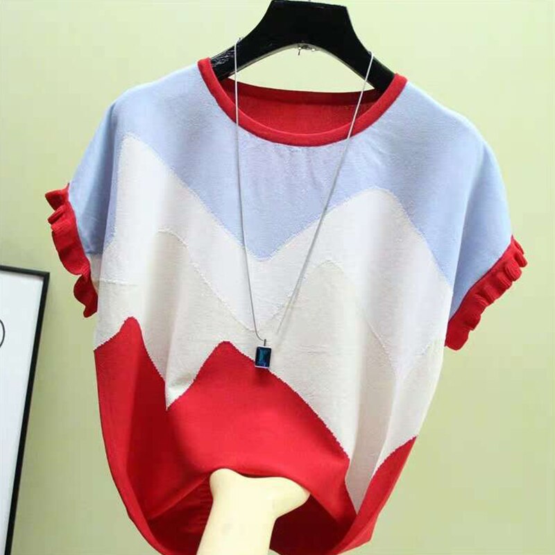 Shintimes Short Sleeve Casual Female T-Shirt Women Knitted Stitching Color Tee Shirt Femme Summer Loose Top.