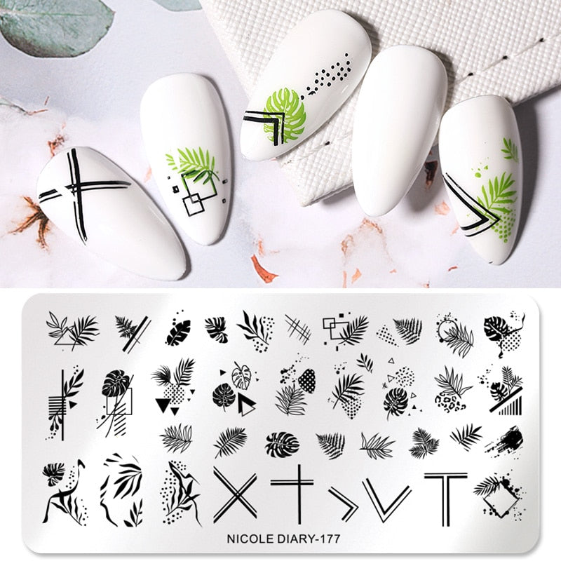 NICOLE DIARY Leaves Flower Stripe Design Stamping Plates Abstract Lady Face Nail Stamp Templates Leaf Floral Printing Stencil