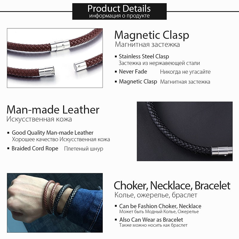 Men&#39;s Choker Necklace Black Brown Braided Leather Necklace for Men Stainless Steel Magnetic Clasp Male Jewelry Gifts UNM27A