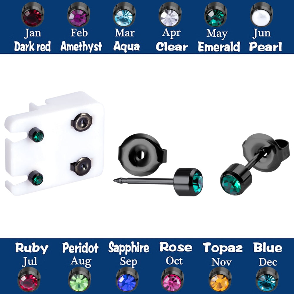 One pair of Birthstone stud earrings made of surgical steel for ear piercing gun.