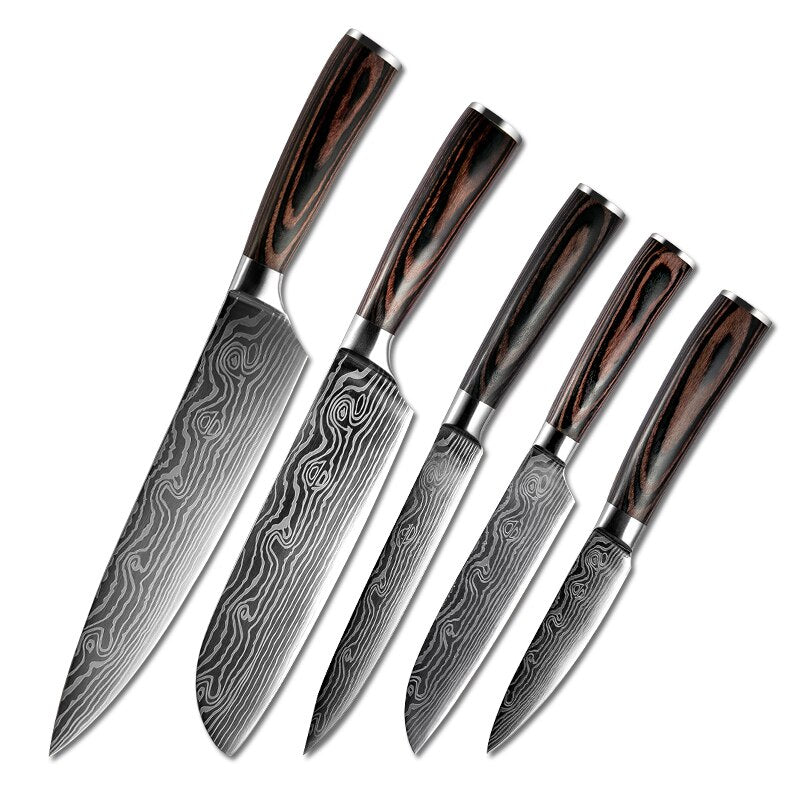 10pcs Damascus Kitchen Knife Set Laser Pattern Professional Chef Knives 440C Stainless Steel Knife Sharpener