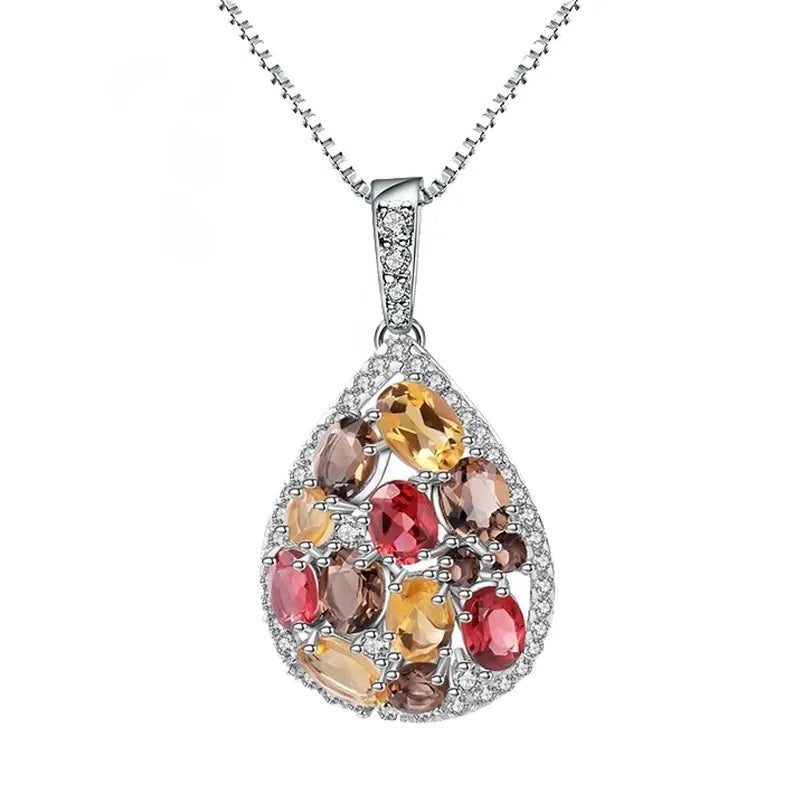 GEM&#39;S BALLET Luxury Natural Garnet Citrine Smoky Quartz Pendant 925 Sterling Silver Colorful Nacklace for Women Fine Jewelry