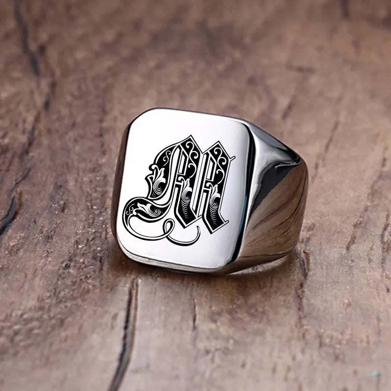 Vnox Retro Initials Signet Ring for Men 18mm Bulky Heavy Stamp Male Band Stainless Steel Letters Custom Jewelry Gift for Him