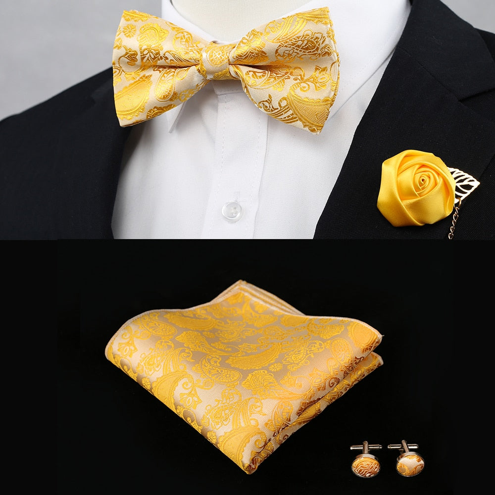 New Silk Flower Business Bowtie Men Vintage Purple Red Black Gold Royal Blue Wedding Bow Ties Pocket Square Handkerchief Set